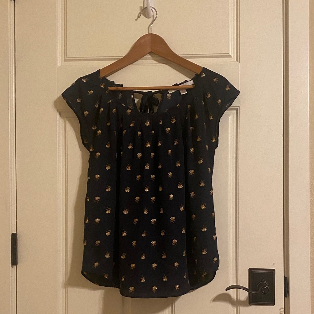 LC Lauren Conrad Navy Blouse with Gold Floral Print
